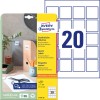Pakkeillustration med etiketark: Avery Zweckform Kvadratiske Etiketter, Artikel: L7121-25, Format: 45 x 45 mm, Trykkompatibilitet: Inkjet, Laser s/h, Farvelaser, Indhold: 500 etiketter / 25 ark, 20 etiketter/ark?