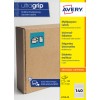 Papkasse med blå Avery ultragrip-etiketemballage og produktinformationsstrimmel?
