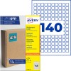 Avery Ultragrip multipurpose etiketpakke, der viser 140 små firkantede etiketter og en papkasse?