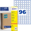 Avery Ultragrip multipurpose etiketpakke, der viser 96 blå firkantede etiketter og emballage?