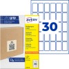Avery multipurpose etiketpakke, der viser 30 små rektangulære etiketter og emballage?