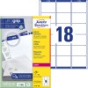 Pakkebilledet med etiketark: Avery Zweckform adresseetiketter, Artikel: L7161-100, Format: 63,5 x 46,6 mm, Printkompatibilitet: Laser s/h, farvelaser, Indhold: 1.800 etiketter / 100 ark, 18 etiketter/ark.