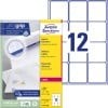 Pakningsbillede med etiketark: Avery Zweckform adresseetiketter, Artikel: L7164-100, Format: 63,5 x 72 mm, Trykegnethed: Laser s/h, farvelaser, Indhold: 1.200 etiketter / 100 ark, 12 etiketter/ark.