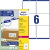 Pakningsbillede med etiketark: Avery Zweckform Forsendelsesetiketter, Artikel: L7166-100, Format: 99,1 x 93,1 mm, Anvendelse: S/h laser, farvelaser, Indhold: 600 etiketter / 100 ark, 6 etiketter/ark