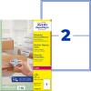 Pakningsbillede med etiketark: Avery Zweckform Forsendelsesetiketter, artikel: L7168B-100, format: 199,6 x 143,5 mm, printeregnet til: Laser s/h, farvelaser, indhold: 200 etiketter / 100 ark, 2 etiketter/ark.