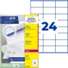 Pakningsbillede med etiketark: Avery Zweckform, Artikel: L7180-100, Format: 70 x 36 mm, Printeregnethed: Laser s/h, Farvelaser, Indhold: 2.400 etiketter / 100 ark, 24 etiketter/ark