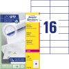 Pakkeillustration med etiketark: Avery Zweckform, Artikel: L7182-100, Format: 105 x 37 mm, Printkompatibilitet: Farvelaser, Sort/hvid laser, Indhold: 1.600 etiketter / 100 ark, 16 etiketter/ark.
