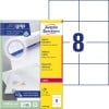 Pakkebillede med etiketark: Avery Zweckform, Artikel: L7183-100, Format: 105 x 74 mm, Printbarhed: Farvelaser, laser s/h, Indhold: 800 etiketter / 100 ark, 8 etiketter/ark.