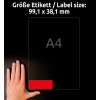 Størrelsessammenligning med hånd, Artikel: L7263R-25, et ark etiketter i specialfarver, Format: 99,1 x 38,1 mm, Farve: neonrød?