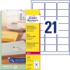 Pakkeillustration med etiketark: Avery Zweckform adresseetiketter, Artikel: L7560-25, Format: 63,5 x 38,1 mm, Udskriftskompatibilitet: Sort/hvid laser, farvelaser, Indhold: 525 etiketter / 25 ark, 21 etiketter/ark?