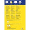 Billedet viser en reklameflyer for Averys gennemsigtige fragtetiketter. Den indeholder instruktioner på flere sprog og fremhæver kompatibilitet med laser- og inkjetprintere. Der er forskellige etiketmuligheder og skabeloner til nemt design og print.