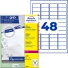 Pakkeillustration med etiketark: Avery Zweckform adresseetiketter, artikel: L7636-25, format: 45,7 x 21,2 mm, egnet til printer: laser sort/hvid, farvelaser, indhold: 1.200 etiketter / 25 ark, 48 etiketter/ark.
