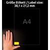 Størrelsessammenligning med hånd, Artikel: L7651Y-25, et ark med etiketter i specialfarver, Format: 38,1 x 21,2 mm, Farve: neongul?