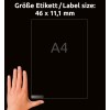 Størrelsessammenligning med hånd, artikel: L7656-25, et ark med mini-organisationsetiketter, format: 46 x 11,1 mm, farve: hvid.