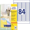 Pakkeillustration med etiketark: Avery Zweckform Mini-organisationsetiketter, Artikel: L7656-25, Format: 46 x 11,1 mm, Udskrivningskompatibilitet: Inkjet, Laser s/h, Farvelaser, Indhold: 2.100 etiketter / 25 ark, 84 etiketter/ark.
