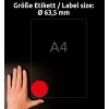 Størrelsessammenligning med hånd, artikel: L7670R-25, et ark etiketter i specialfarver, format: ⌀ 63,5 mm, farve: neonrød?