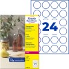 Pakkebillede med etiketark: Avery Zweckform Transparente Etiketter, Artikel: L7780-25, Format: ⌀ 40 mm, Udskriftsgrafik: Laser s/h, Farvelaser, Indhold: 600 etiketter / 25 ark, 24 etiketter/ark?