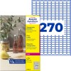 Pakningsbillede med etiketark: Avery Zweckform Transparente Etiketter, Artikel: L7785-25, Format: 17,8 x 10 mm, Udskriftskompatibilitet: Laser s/h, Farvelaser, Indhold: 6.750 etiketter / 25 ark, 270 etiketter/ark.