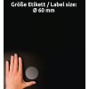 Størrelsesammenligning med hånd, Artikel: L7787-25, et ark gennemsigtige etiketter, format: ⌀ 60 mm, farve: Transparent?