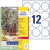 Pakkeillustration med etiketark: Avery Zweckform Transparent etiketter, Artikel: L7787-25, Format: ⌀ 60 mm, Egnethed til printer: Laser s/h, Farvelaser, Indhold: 300 etiketter / 25 ark, 12 etiketter/ark.