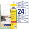 Pakkeillustration med etiketark: Avery Zweckform etiketter til kabelmærkning, artikel: L7950-20, format: 60 x 40 mm, printbarhed: Laser s/h, farvelaser, indhold: 480 etiketter / 20 ark, 24 etiketter/ark.