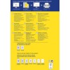 Billedet er en reklameflyer for Averys frysemærkater, der beskriver funktioner, specifikationer og sprog for forskellige lande. Det indeholder instruktioner til design og print, kontaktinformation og produktmål.