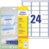 Pakkeillustration med etiketark: Avery Zweckform fryseetiketter, Artikel: L7970-25, Format: 63,5 x 33,9 mm, Udskriftskompatibilitet: Inkjet, laser sort/hvid, farvelaser, Indhold: 600 etiketter / 25 ark, 24 etiketter/ark.