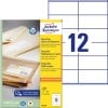 Pakkeillustration med etiketark: Avery Zweckform Genbrug Universal-Etiketter, Artikel: LR3424, Format: 105 x 48 mm, Printeregnet: Inkjet, Laser sort/hvid, Farvelaser, Indhold: 1.200 etiketter / 100 ark, 12 etiketter/ark.