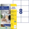 Pakkeillustration med etiketark: Avery Zweckform Recycling Universaletiketter, Artikel: LR3427-10, Format: 105 x 74 mm, Printerkompatibilitet: Inkjet, Laser s/h, Farvelaser, Indhold: 80 etiketter / 10 ark, 8 etiketter/ark.