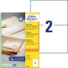 Pakkeillustration med etikettark: Avery Zweckform genbrug Unversal-etiketter, Artikel: LR3655, Format: 210 x 148 mm, Printeregnethed: Inkjet, Laser s/h, Farvelaser, Indhold: 200 etiketter / 100 ark, 2 etiketter/ark.