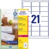 Emballagebillede med etiketark: Avery Zweckform Genbrugsadressetiketter, Artikel: LR7160-100, Format: 63,5 x 38,1 mm, Udskrivningsegnethed: Sort/hvid laser, Farvelaser, Indhold: 2.100 etiketter / 100 ark, 21 etiketter/ark.
