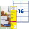 Pakkebillede med etiketark: Avery Zweckform genbrugsadresseringsetiketter, artikel: LR7162-100, format: 99,1 x 33,9 mm, printeregnet til: sort/hvid laser, farvelaser, indhold: 1.600 etiketter / 100 ark, 16 etiketter/ark.