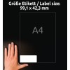 Størrelsessammenligning med hånd, artikel: LR7177-100, ét ark genbrugs adresseetiketter, format: 99,1 x 42,3 mm, farve: naturhvid.