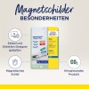 Billedet viser en produktpakke for magnetiske ark fra Avery Zweckform, der fremhæver funktioner som nem design med et online værktøj, magnetiske ark til at skabe skilte og nævner klimaneutralitet.