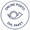 Billedet indeholder et cirkulært logo eller stempel, der siger 'ONLINE PORTO' øverst og 'DHL PAKET' nederst, med en øjelignende grafik i midten.