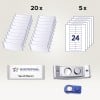 Billedet indeholder 20 klare navneskiltsholdere, 5 ark med etiketter med nummeret '24' på dem samt et navneskilt med navnet 'Sarah Baron' og logoet for 'UNIVERSAL international service corporation'. Derudover er der en badge-rulle og en holder til et navneskilt.