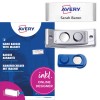Pakningsbillede med etiketark: Avery Zweckform, Artikel: POL35MA66-10DR, Magnetiske navneskilte, Format: 80 x 34 mm, Printeregnet: Farvelaser, Laser s/h, Inkjet, Indhold: 10 skilte / 32 indsætbare skilte / 2 ark, 16 kort/ark.
