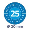 Et billede, der viser en cirkulær måler med tallet 25 fremtrædende vist i midten og markeringer, der indikerer tal fra 1 til 12 langs kanterne. Under cirklen vises teksten 'Ø 20 mm', hvilket foreslår en diameter måling.