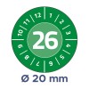 Billedet viser en rund skive markeret med numre fra 1 til 12, med tallet 26 tydeligt placeret i midten. Under skiven er der en note, der angiver en diameter på 20 mm, sat mod en grøn baggrund.