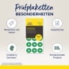Billedet viser et produkt kaldet 'Prüfplaketten' fra Avery Zweckform, som indeholder en pakke inspektionsmærker for året 2026, der fremhæver dets vandafvisende, robuste og CO2-neutrale egenskaber. Det angiver, at det er fremstillet i Tyskland og inkluderer en visuel fremstilling af disse funktioner.