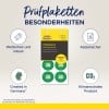 Billedet viser en produktpakke til inspektionsmærkater med egenskaber som vandtæt, robust, manipulationssikker, klimaneutral og fremstillet i Tyskland, beregnet til brug i 2026.
