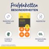 Billedet viser inspektionsmærkater for år 2027, der fremhæver deres vejrbestandige og robuste egenskaber. Det inkluderer ikoner, der repræsenterer funktioner som let afpilning, klimaneutralitet, og at produktet er fremstillet i Tyskland.
