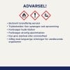 Billedet indeholder en advarselsmeddelelse på dansk om et ekstremt brandfarligt aerosolprodukt. Det inkluderer symboler, der angiver brandfare, generel fare og miljøfare, sammen med forskellige sikkerhedsadvarsler.