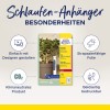 Billedet viser et emballagedesign for Avery Zweckform-tags. Det fremhæver forskellige funktioner såsom nemt design, holdbart filmmateriale, klimaneutral produktstatus og tosidet tryk.