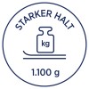 Billedet har et cirkulært design med teksten 'STÆRKERE GREB' og en illustration af en vægt med 'kg' skrevet på den, samt tallet '1.100 g' nederst.