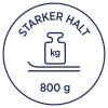 Billedet viser en etiket eller et ikon med teksten 'STARKER HALT' øverst, der viser et vægtsymbol (en vægtformet flaske) med 'kg' skrevet på. Nedenunder står vægten '800 g'.