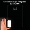 Billedet viser en hånd ved siden af en mærkestørrelse på 50 x 90 mm, med en A4-dimension angivet.